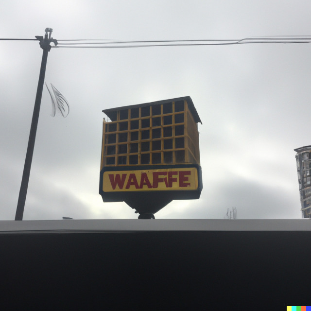 A waffle-shaped building on a slender pole against a gray sky. Power lines are silhouetted against the sky. Building's sign reads WAAFFE