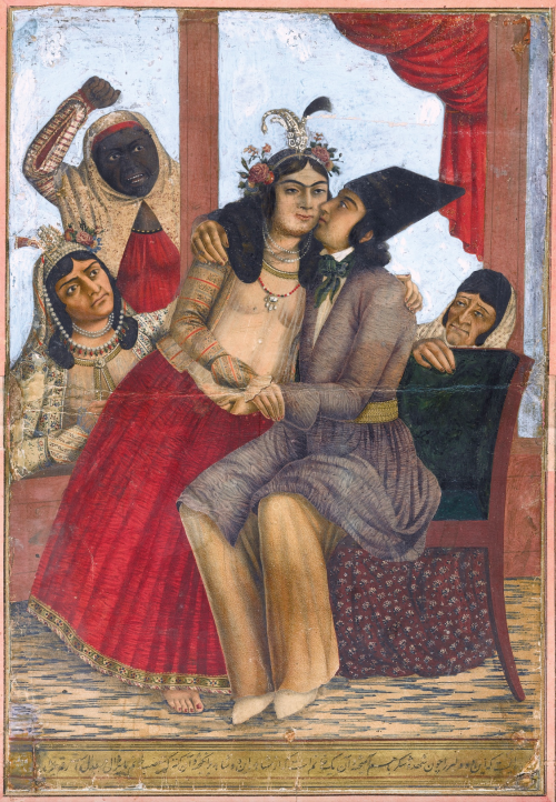 togethernakednomore: Embracing Lovers Caught by Housemaids, signed by Mirza Baba Naqqashbashi, Pers