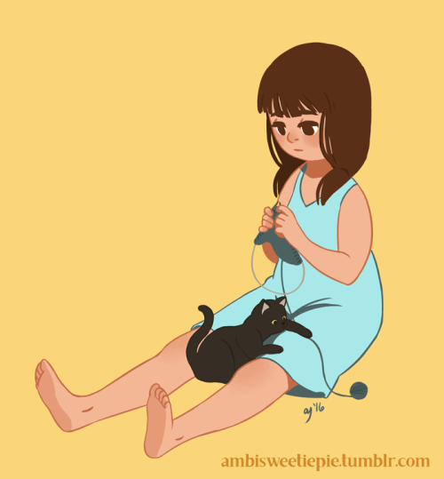 ambisweetiepie:I finished that sketch of me knitting!Cinder kitty is a big fan of knitting, she “hel