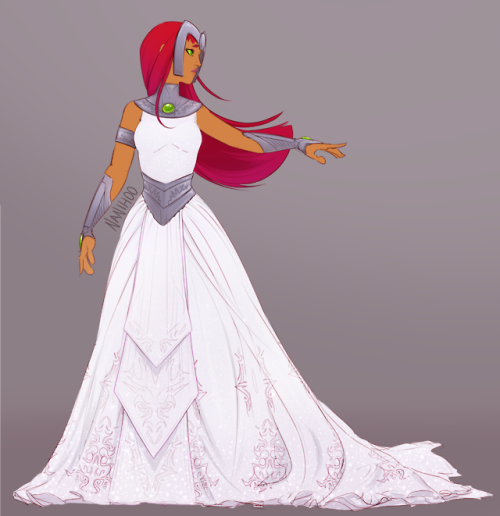 nanihoosartblog: A new redraw of Starfire’s wedding dress from “Betrothed”(with a bedazzled versionlol, and the idea that it’s made from a Tamaranean   cloth that also glows in the dark idk) O oO <3