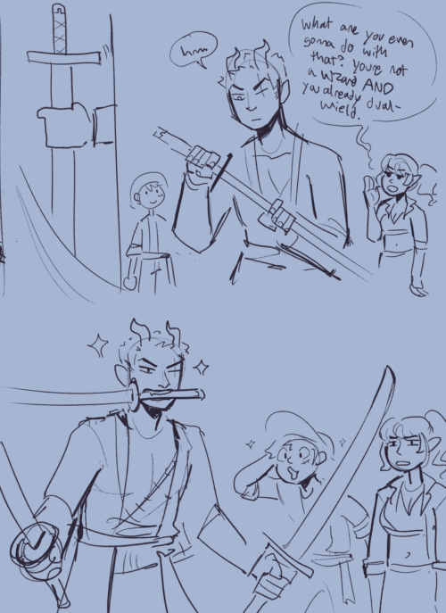 [image description: sketchy comics of a one piece taz AU. 1. Nami gestures Luffy and Zoro over in a 