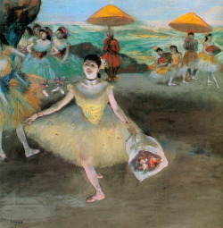 artist-degas: Dancer with a Bouquet Bowing, 1877, Edgar DegasMedium: pastel