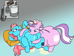 saggyslapsdojo:  More Fertility fun. …Yeah, you can pretty much piece together whats goin on. Broken milker, house call.Theses two plus sized mares are gossiping about their work day, or at least Cup Cake is…a LOT. Nurse Sweetheart is making some