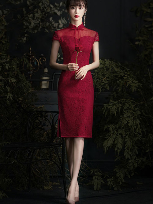 qipaocheongsam:  Burgundy Lace Illusion Qipao