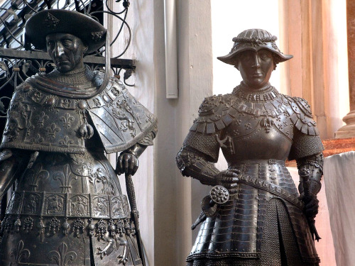 Statues from the tomb of Emperor Maximilian I in the Hofkirche, Innsbruck including a bronze figure 