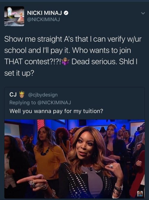 pingumatchingtattoo:boyplease:lagonegirl:Nicki Minaj is offering to pay tuition for dozens of her fo