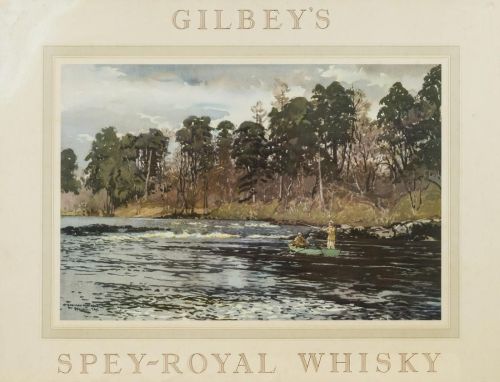 Vintage ad for Gilbey’s Spey-Royal Whisky ca. 1930s or ‘40s showing salmon fishing 