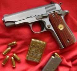 gunrunnerhell:  Colt Government Model 380 A miniature 1911 in .380 ACP, it does not have the back strap safety like its bigger counterpart. Later incarnations included Colt Mustang and Colt Pocketlite. They’re decent guns but their one weakness is a