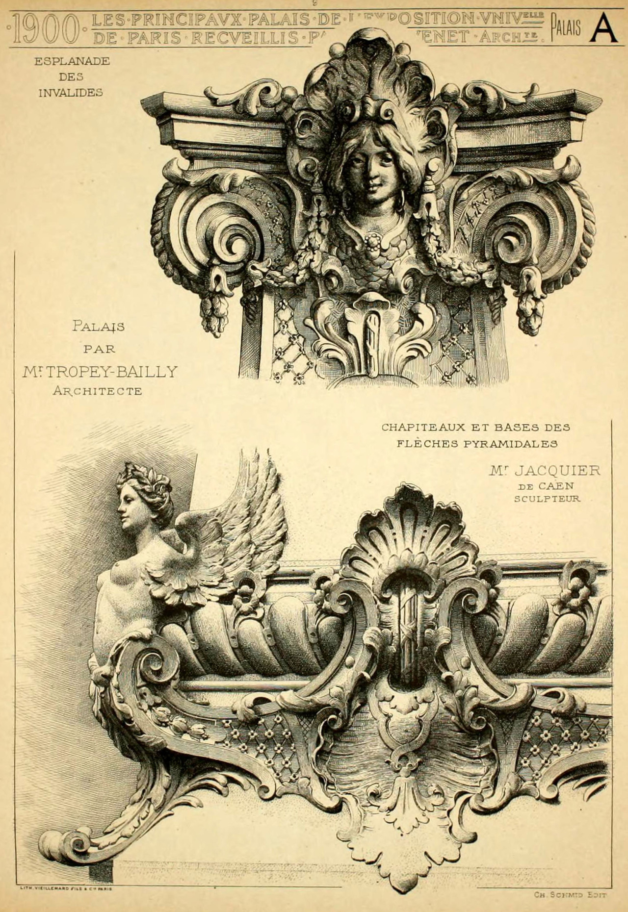 Architectural details of the palaces on the Esplanade des Invalides for the Exposition Universelle of 1900, Paris