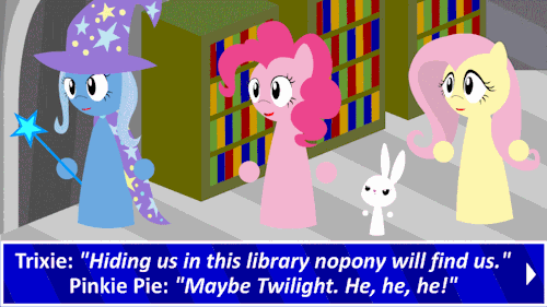 playwithfluttershy:  Results: Hide: 51 votes (in the library: 1 vote).   Stay here: 22 votes. OCs: Vincent: http://discordin.tumblr.com/ Nate: http://ask-nate-the-chicken-wings-pony.tumblr.com/ What should they do? Should they go to Canterlot or stop