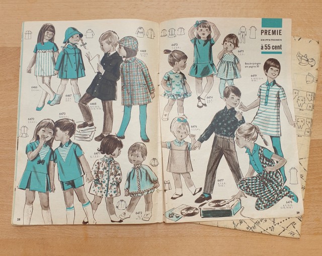 a page full of illustrations of children in cute clothes in black white and a bright blue