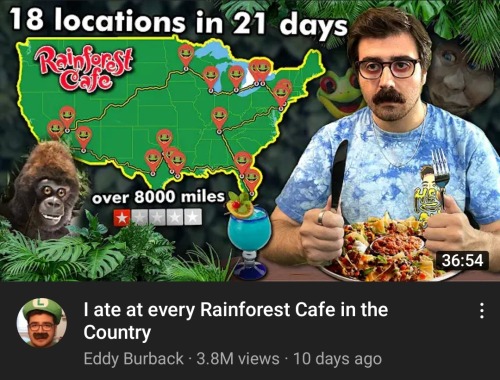 hatingongodot:hatingongodot:I don’t want to click on this because the thumbnail alone has me seething with jealousyI forgot they served food at the Rainforest Cafe. Couldn’t begin to tell you what kind of menu they’ve got. The rainforest
