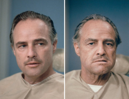 superbestiario:  Marlon Brando before and after makeup on the set of The Godfather by steve schapiro 