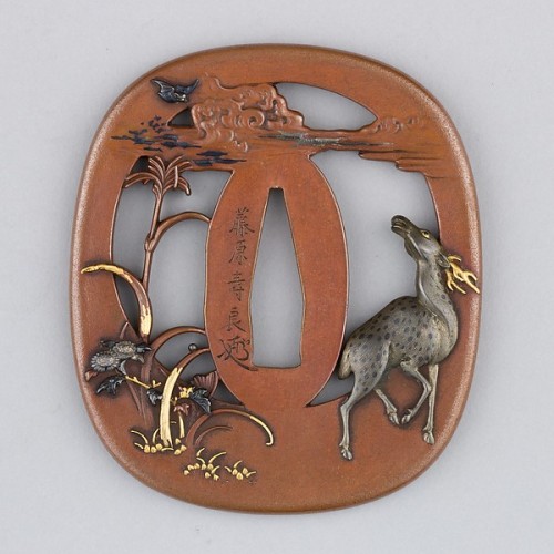 centuriespast:  Sword Guard (Tsuba)Date: 19th centuryCulture: JapaneseMedium: Copper, copper-silver alloy (shibuichi), copper-gold alloy (shakudō), gold, silverThe Met