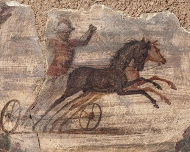 ancientanimalart:Roman wall painting of charioteer and horsesfrom Augusta Raurica (Augst, Switzerlan