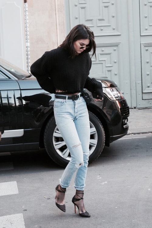 streetstyleplatform:  Light Blue Boyfriend Jeans Black Crop Sweater