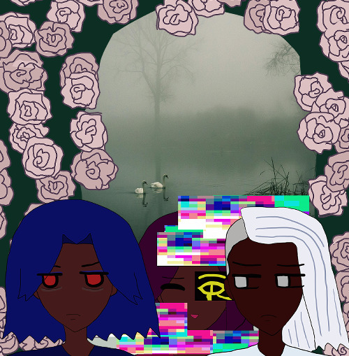 the triplets are in front of an eerie foggy lake with two swans gliding across the water and some wet grassland showing, with misty trees and landscape far away. white-pink roses fall everywhere behind them with a mimicked dark blue-green rose arch similar to armando and ranvir's in their older age rose arch art.