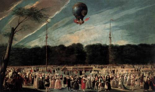 Two genre paintings by Antonio Carnicero;“Ascent of a Balloon in the Presence of the Court of 