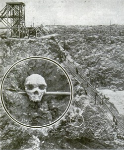 The Broken Hill Mine in Northern Rhodesia, 1922. The small circle marks the spot where the prehistoric skull was found, when the open quarry work uncovered the end of &ldquo;Bone Cave&rdquo;. In the large circle the skull is shown in the position in which