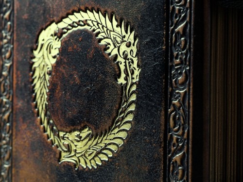 alexlibris-bookart:Large journal with beautifully aged leather, gilded symbol and 700 lined pages…