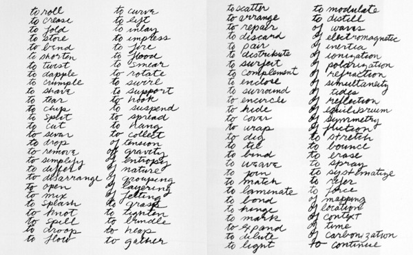 Richard Serra, Verb List. 1967–68.
“In pencil on two sheets of paper, the artist lists the infinitives of 84 verbs—to roll, to crease, to fold, to store, etc.—and 24 possible contexts—of gravity, of entropy, of nature, etc.—in four columns of script....