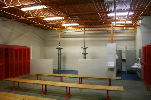 Basketball team locker room at Laurel-Concord-Coleridge High School in Laurel, Nebraska.