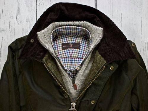 Fall fashion lay down for your Wednesday:~ Olive waxed cotton with tweed trim Jacket by Barbour~ Gra