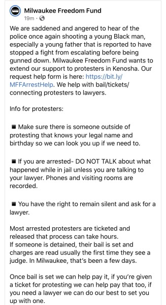 violetsandshrikes:Milwaukee Freedom Fund is offering support to protestors in Kenosha - here is a google doc link to their support request. If you intend to protest or demonstrate in the coming days, stay safe and stay prepared. 