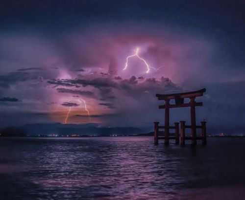 Shirahige Shrine in Takashima City, Shiga Prefecture with its torii gate in Lake Biwa is a picturesq