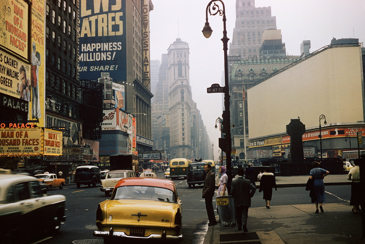 theniftyfifties:
“ 47th Street, New York City, 1957. Photo by André Robé
”