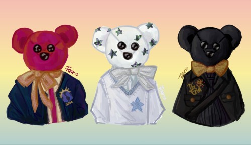 A digital painting of three plush bears. The first is reddish-pink with a golden ribbon tied in a bow around it's neck with a blue jacket over an open white dress shirt and an image of the earth, the sun, and the number 2000 embroidered on the jacket chest. The second is white with iridescent stars covering it's fur and with a silver ribbon tied in a bow around it's neck. The bear is wearing a white and blue vest with a blue star embroidered on the chest. The last bear is black and has a golden bowtie around it's neck, it wears an open black collared jacket over a black turtleneck sweater. The jacket had the words "The End" embroidered on the chest.