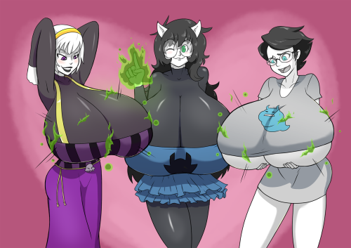 planetofjunk:  Here’s the first-place winner of the January Poll at my Patreon,  “(Homestuck) Jade introducing two of her female fellow Homestucks to the Magic of space… by expanding their boobs.”  Thanks to everyone for your support! 