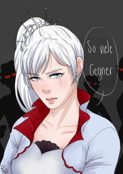 candycornio:   und so wenig Zeit.  I wanted to draw Weiss as if she could talk in german, I know that in the RWBY universe Germany and such doesn’t exist. *EDIT* translation: So many enemies, and so little time. (thanks for the correction everyone who