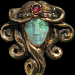 elyssediamond: Lucas von Cranach Symbolist Stick Pin  Gold Opal Ruby Diamond H: 8.2 cm (3.23 in)  W: 1.8 cm (0.71 in)  German, c.1900 Fitted Case Tadema Gallery 