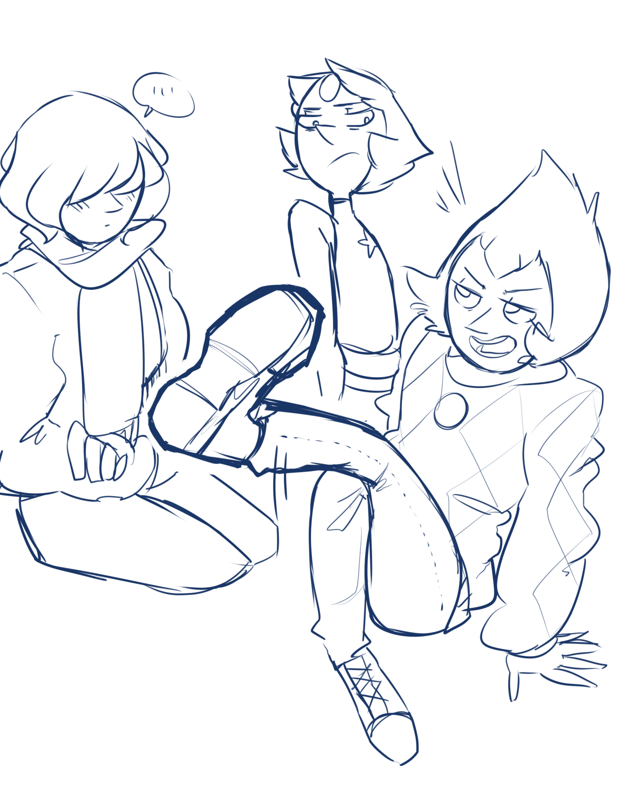 purplange:  blue pearl and yellow pearl wearing normal cloths like 