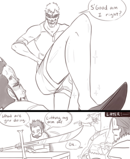 thezombiedogz:  So smooth~ I have this AU where the shichibukai are all roommates together and poor Mihawk can’t ever get a break. 