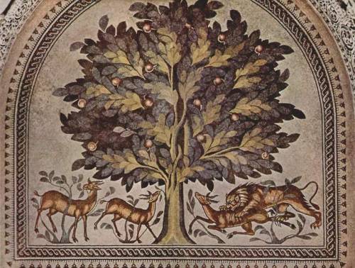 Mosaic with apple tree, gazelles, and a lion.  Unknown Arab artist; ca. 724-743 (Umayyad period).  F