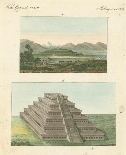 humanoidhistory:The “Pyramid of Quetzalcoatl” at Cholula, Mexico, published 1792-1843.(New York Publ