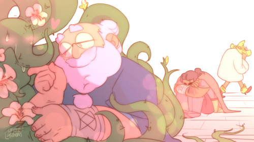 concave-asscheeks:whoops[image description: a drawing of Merle, snuggled up to a bunch of flowering 