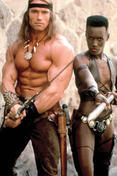 weirdlandtv:Publicity photos of Arnold Schwarzenegger and Grace Jones for CONAN THE DESTROYER (1984).