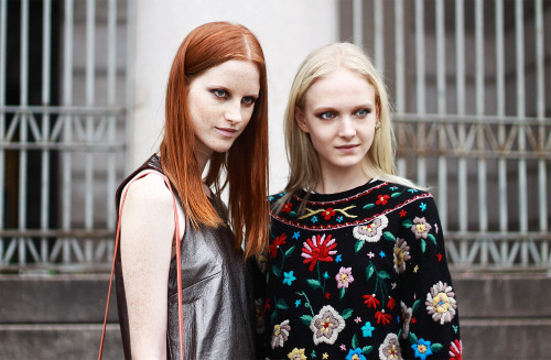 Magdalena Jasek and Maja Salamon posing after Roberto Cavalli / MFW ss15 street style / shot by Vale