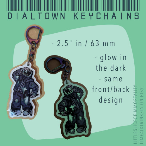 A collage that shows two photos of keychains against a teal background, and dark blue text that reads DIALTOWN KEYCHAINS at the top. It pictures the two sides of a keychain of Randy, one being shown in light and the other being in the dark, glowing. Bullet points read: 2.5" in / 63 mm, double sided, glow in the dark, same front/back design.