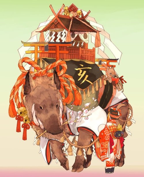 Happy year of the Boar (beautifully detailed art by @tonbippo08, with many auspicious shinto symbols