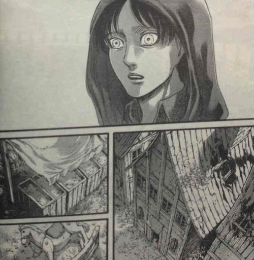 Shingeki no Kyojin Chapter 73 Spoilers!Japanese dialogue summary & upcoming translation beneath the Read More:TITLE: The Street/Town Where Things BeganThere are no titans the whole way to Shiganshina, and Eren is in preparation for plugging the wall.