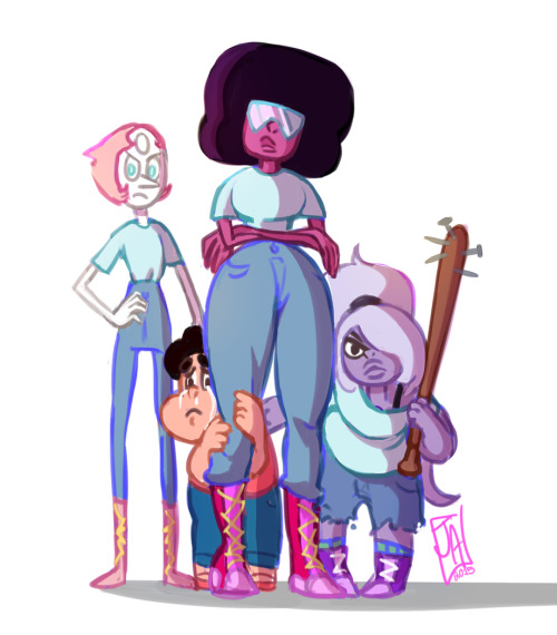 juniperarts:  I wanted to draw Garnet in mom jeans but then it got out of hand … I’d like to think that even though they don’t entirely know what they are doing all three have their momma moments with Steven. 