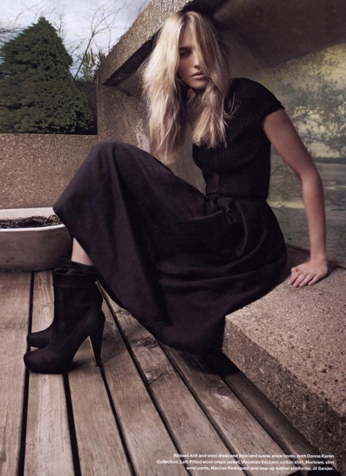 lovelostfashionfound: Sara Ziff - Elle Canada September 2006Ankle boots and dress by Donna Karan