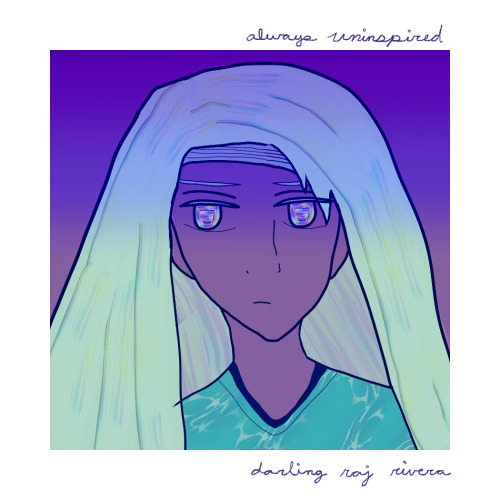 raj stares at the viewer with a cold-slash-irritable-slash-disenchanted look. he has silver hair that's falling with interesting rainbow texture and a shirt that looks like water waves on. his eyes have a curious rainbow effect to it. the inner art has a harsh dark to light gradient to it. on the upper right outer white border it says 'always uninspired' and at the bottom right of said border it says 'darling raj rivera' in cursive.