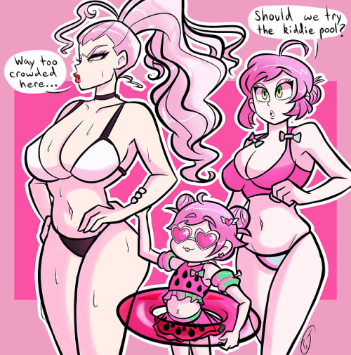 graydoodles:A super belated birthday drawing for my girlfriend @classyplatypi <3Gloria, Himeka, and their daughter, Laala, go to a waterpark B)