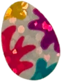 sticker of a white easter egg decorated with splatters of pink, purple, yellow, and blue paint. it has a shiny foil finish.