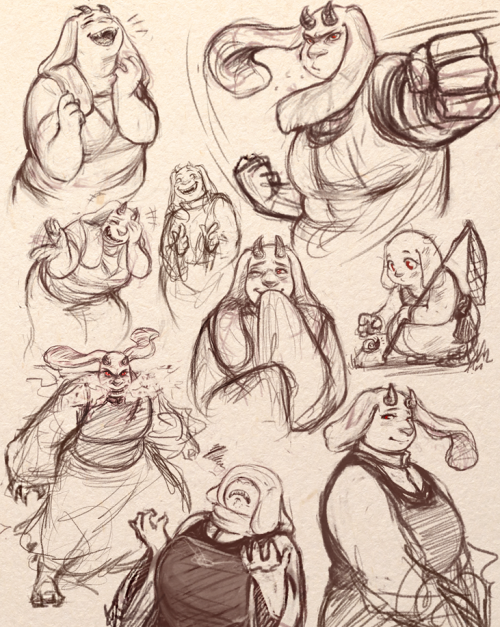 ijionano:  mintystarmagic:  Some sketches of Toriel ‘cause she’s a super duper cutie patootie!  uuuuhhh and also a lil bit of shippy stuff… they are too dang cute…  \(●´□`)/  MAMA GOOOOAT   YES